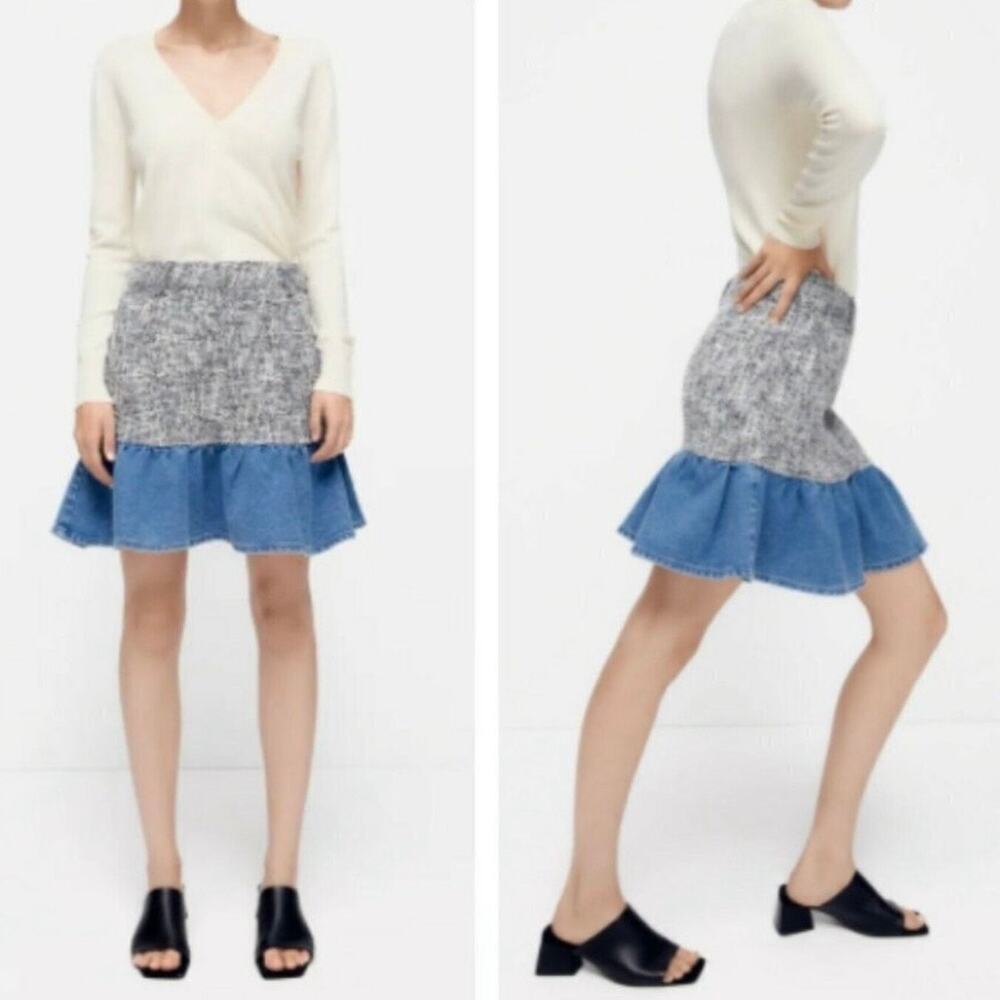 ZARA | NWT Black White Tweed & Blue Denim Ruffle Mini Skirt | Size Medium